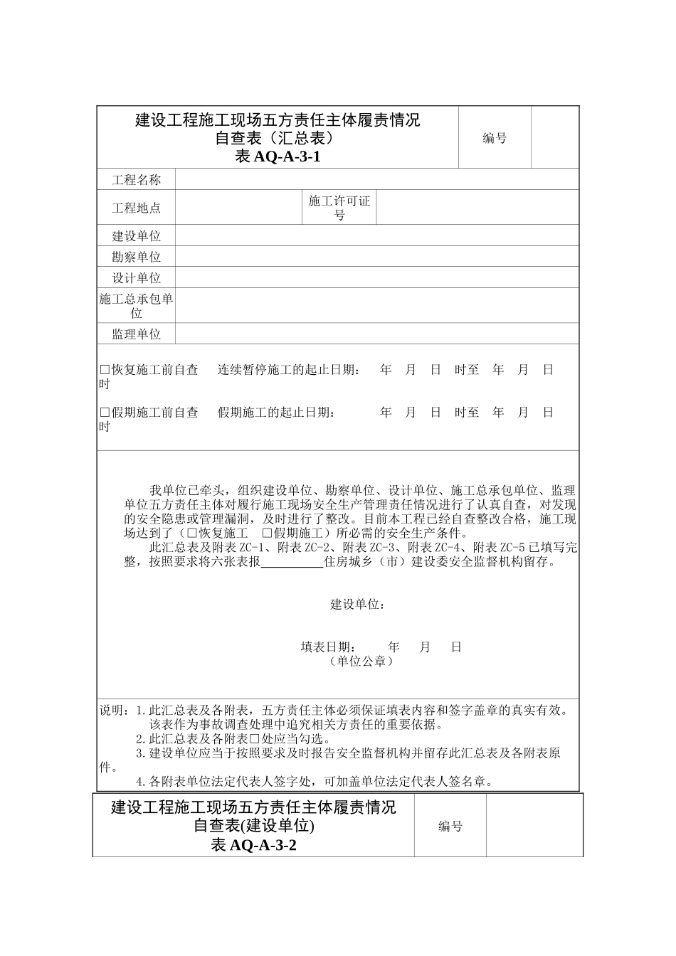 北京市2018年--建设工程施工现场五方责任主体履责情况自查表_第1页