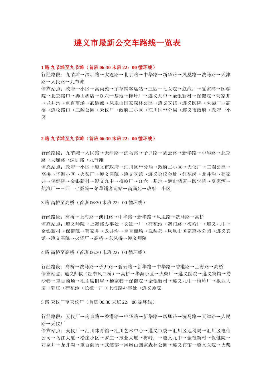 遵义市最新公交车路线一览表_第1页