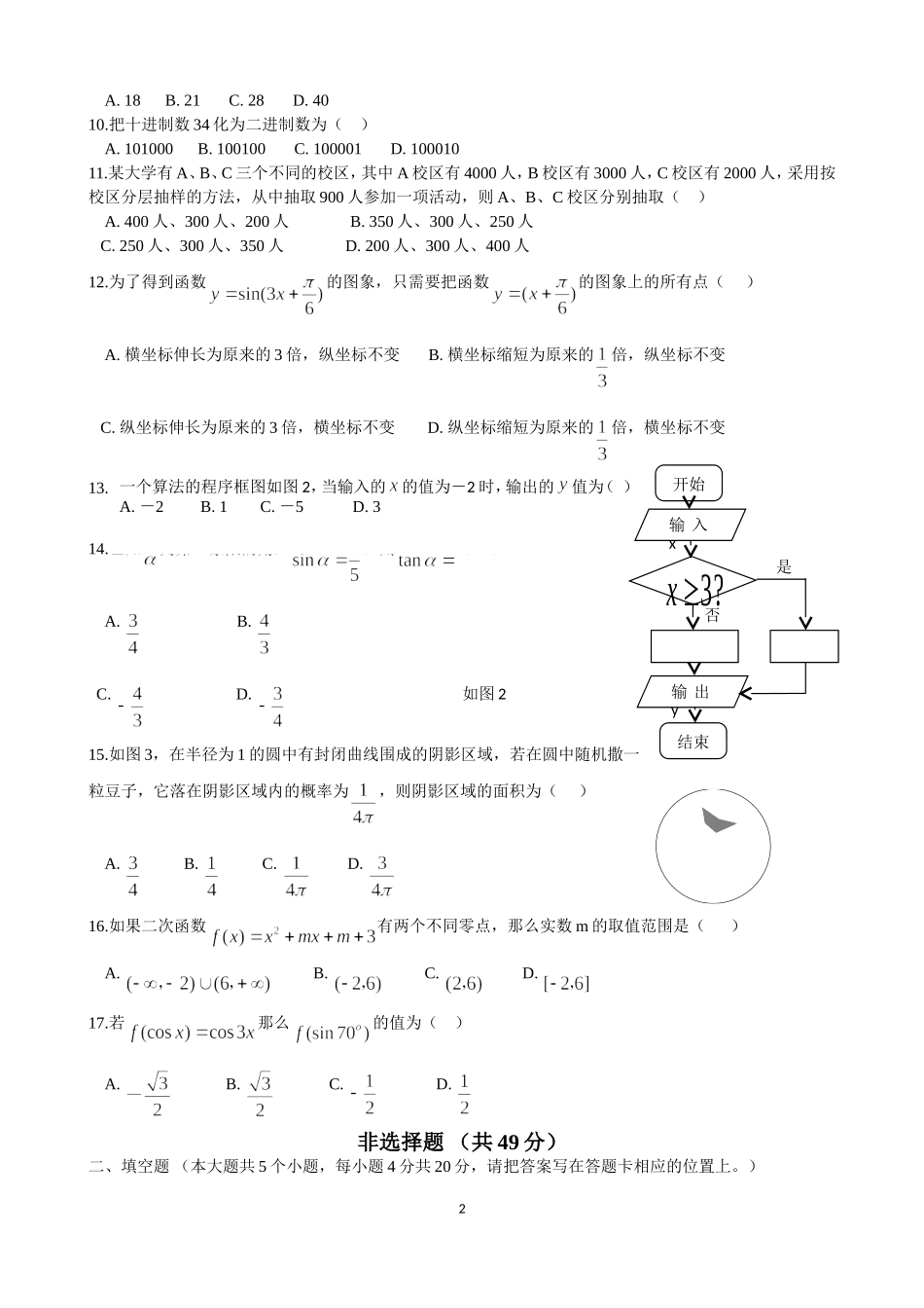 云南省2015年7月普通高中学业水平考试数学试卷及答案_第2页