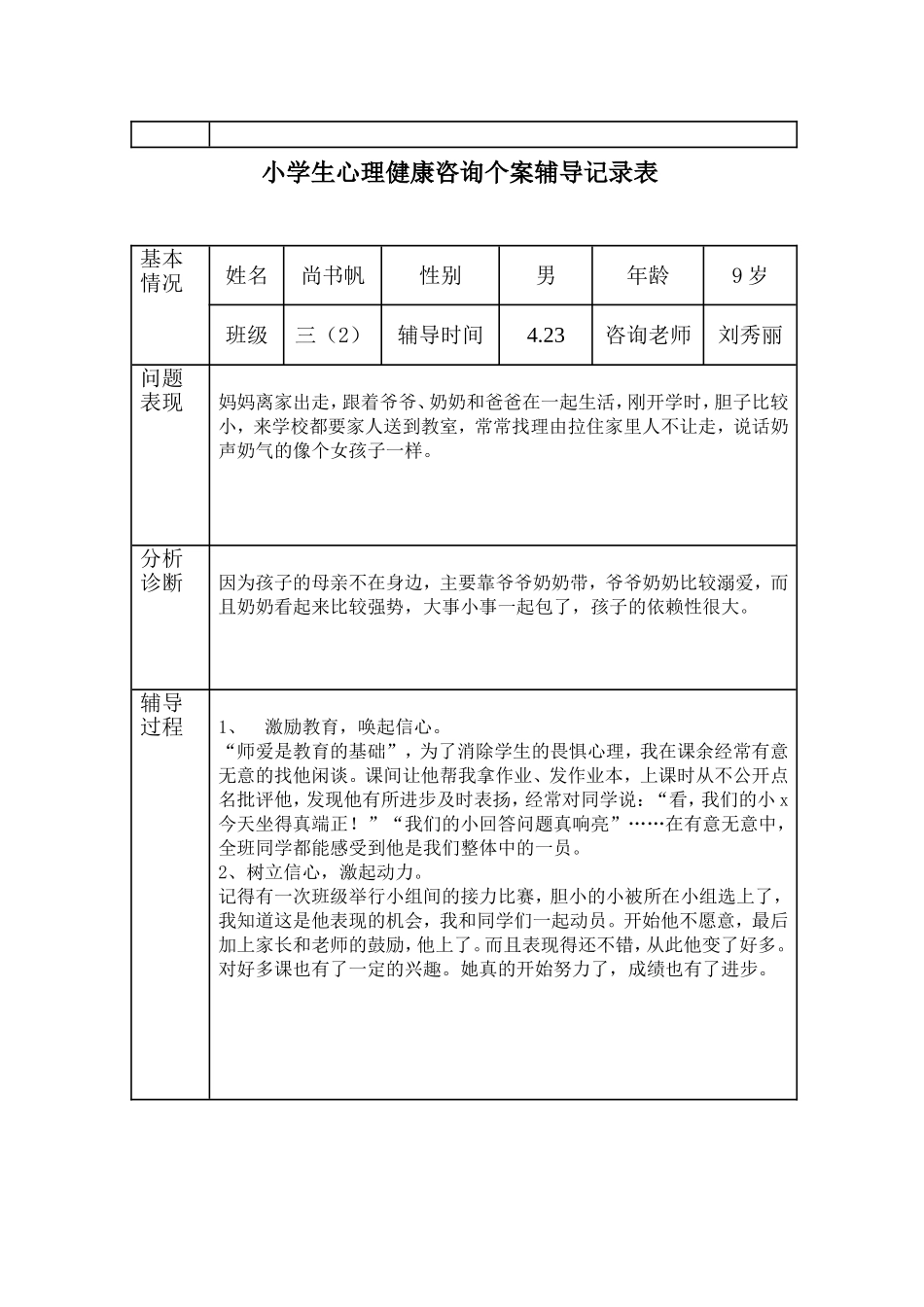 小学生心理健康咨询个案辅导记录表.doc两个_第2页