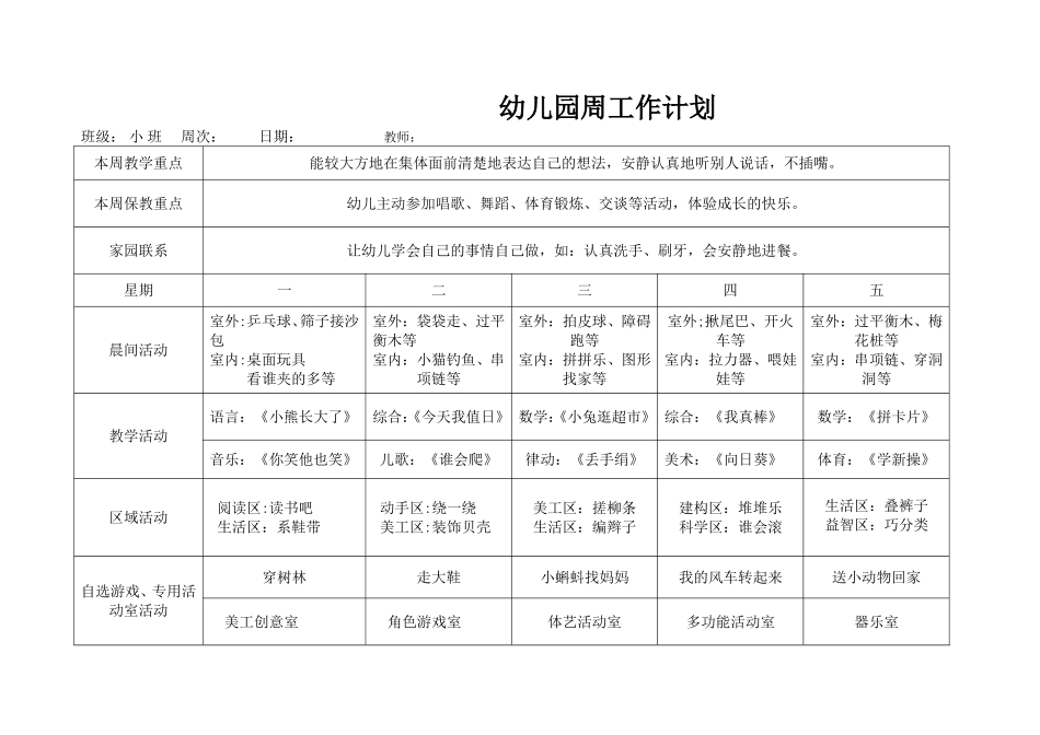 小班幼儿园周工作计划表_第2页