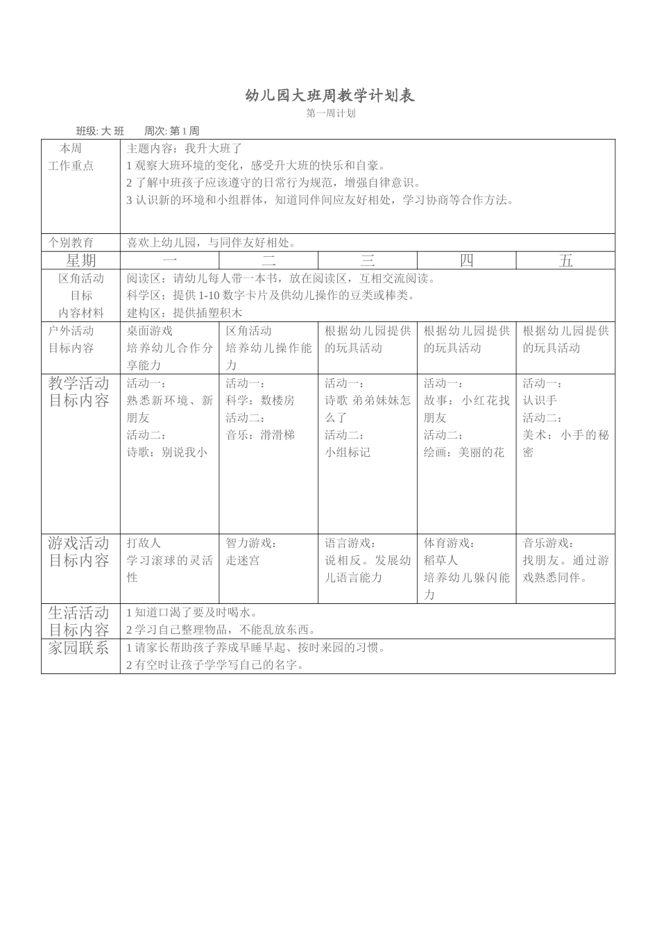 幼儿园周工作计划表_第1页