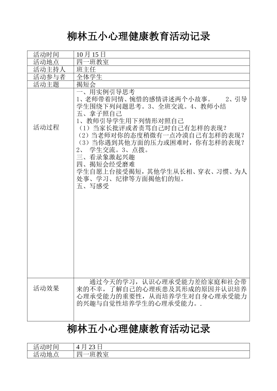 四年级心理健康教育活动记录表_第1页