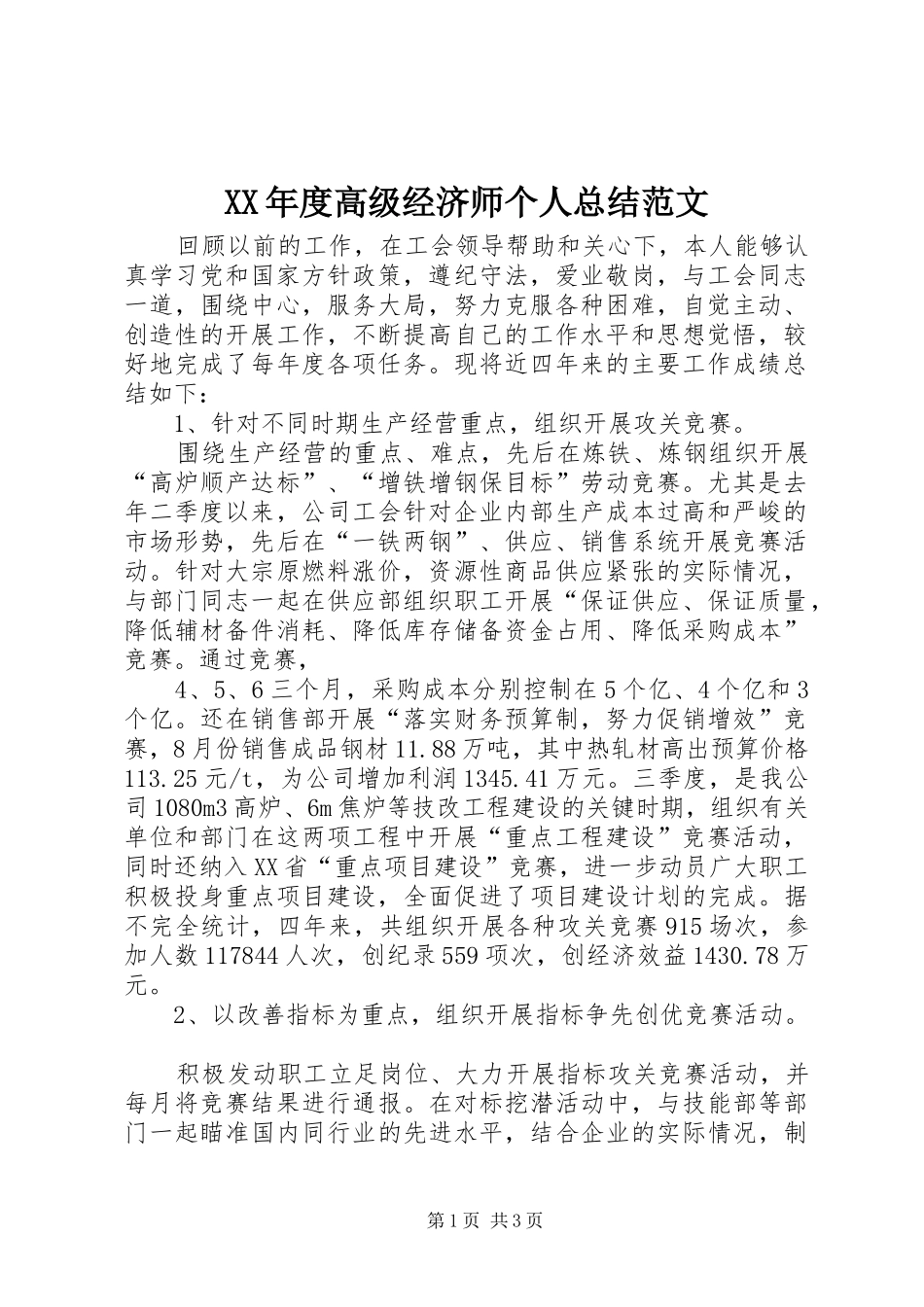 XX年度高级经济师个人总结范文_第1页