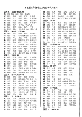 苏教版小学语文三年级上册词语表(组词)