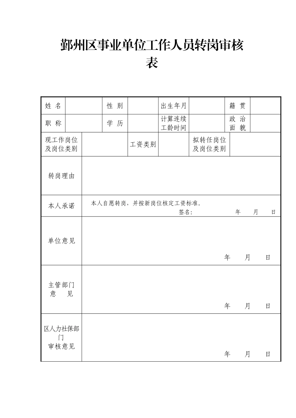 鄞州区事业单位工作人员转岗审核表_第1页