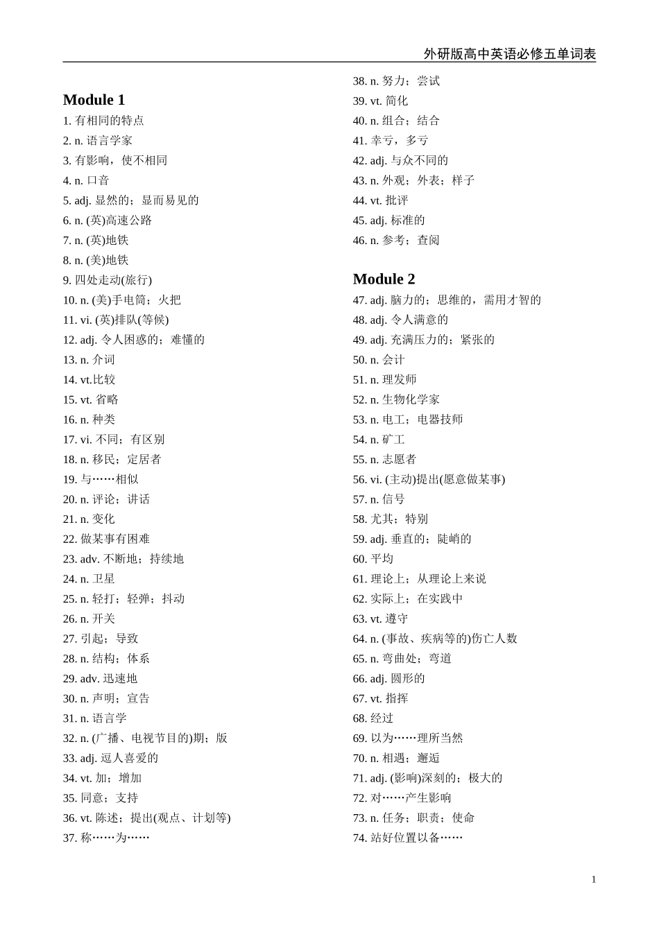 外研版高中英语必修5单词表(精心整理排版-默写背诵用)_第1页