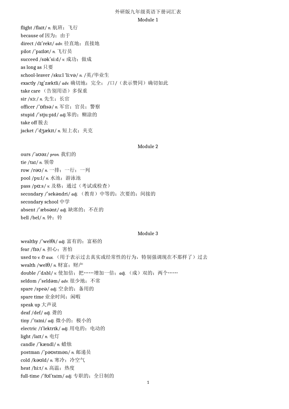 外研版英语九年级下册词汇表(音标、打印)_第1页