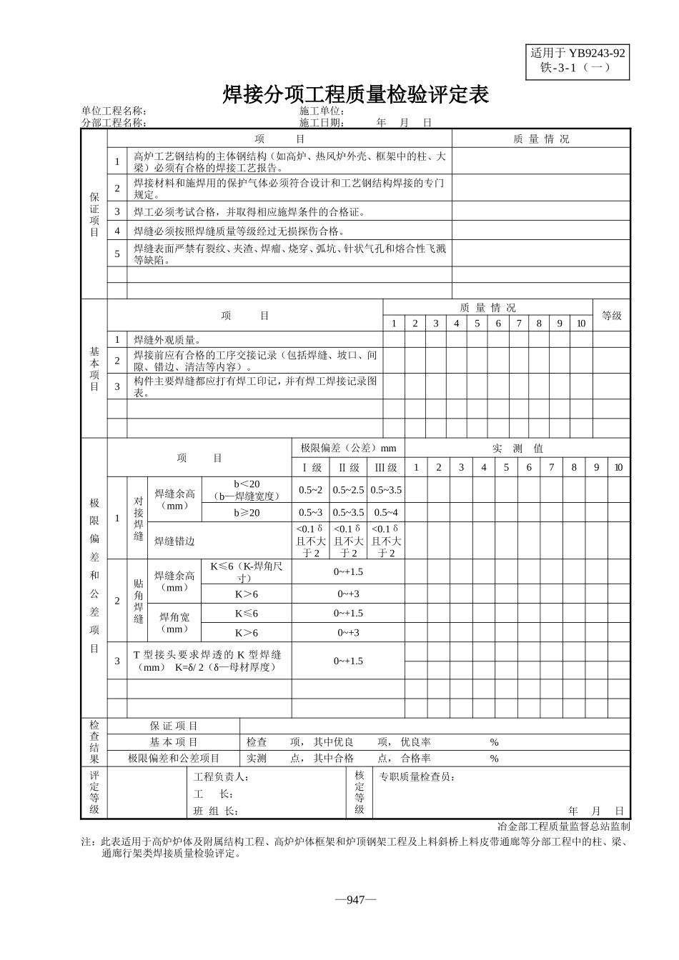 三、炼铁设备安装分项工程质量检验评定表(YB9243—92)_第1页