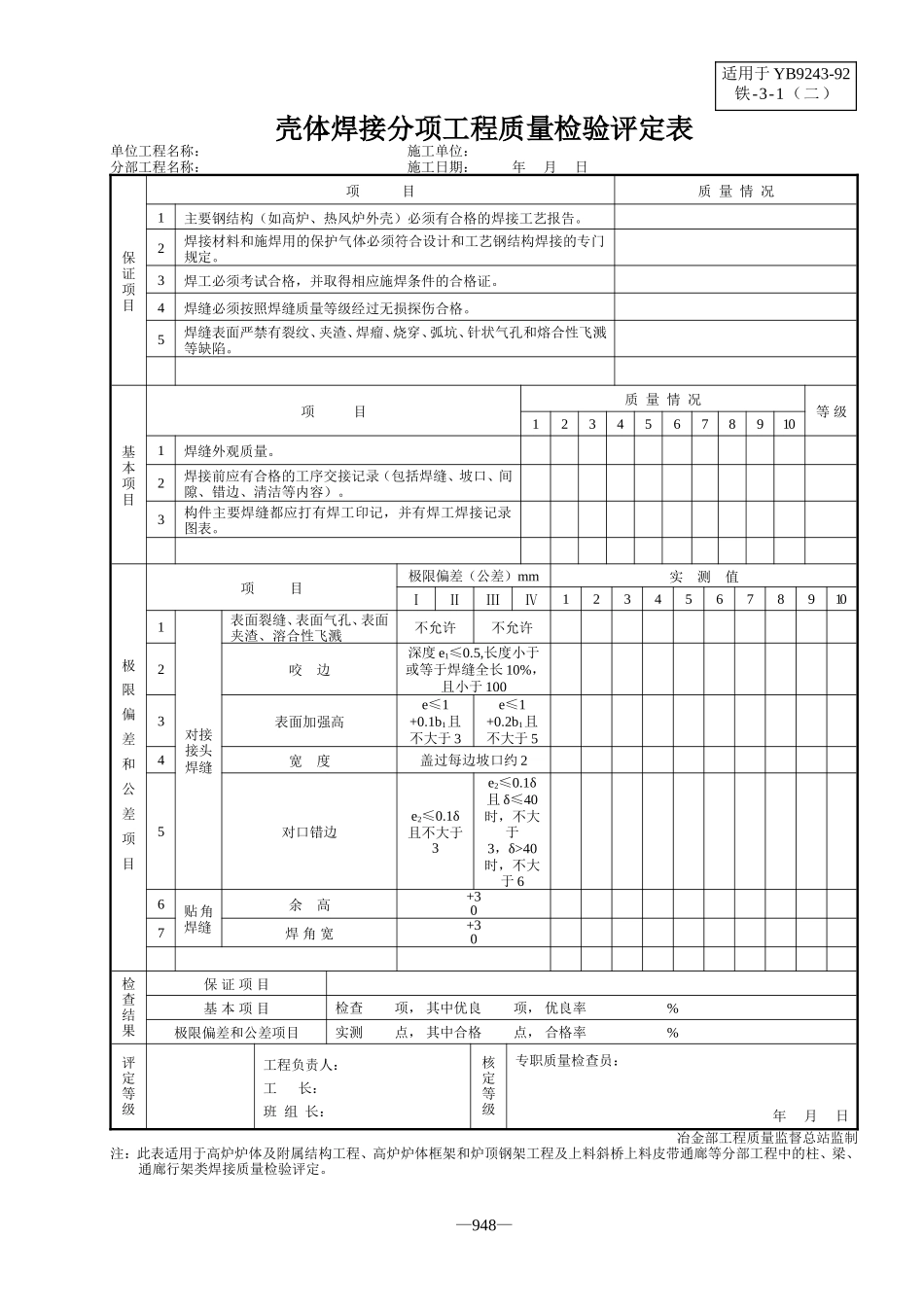 三、炼铁设备安装分项工程质量检验评定表(YB9243—92)_第2页