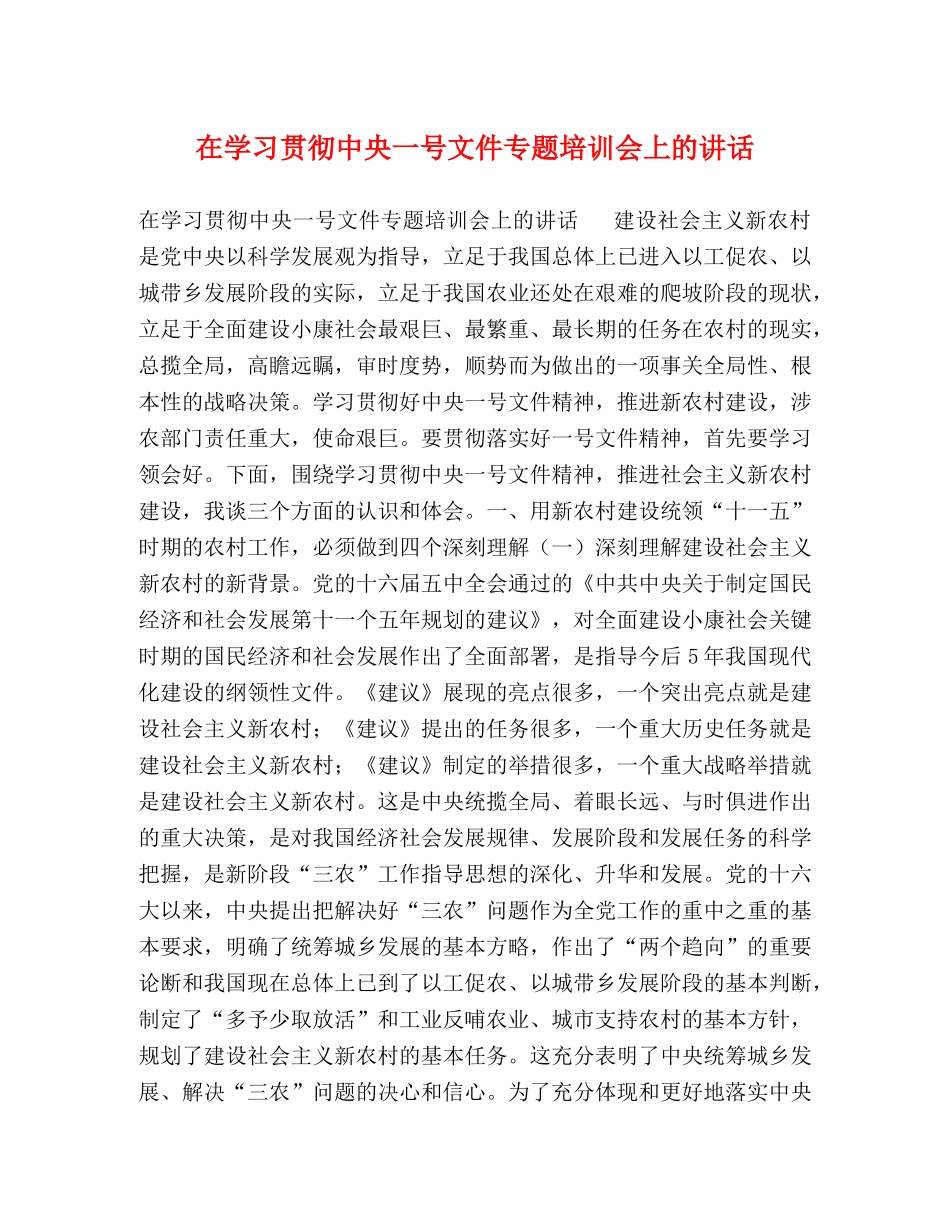 在学习贯彻中央一号文件专题培训会上的讲话 _第1页