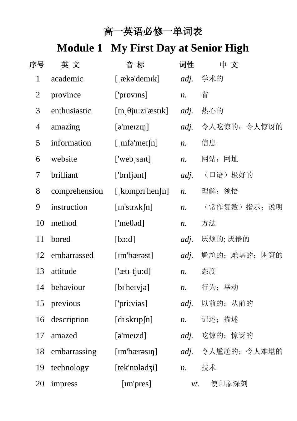 外研社高一英语必修1单词表_第1页