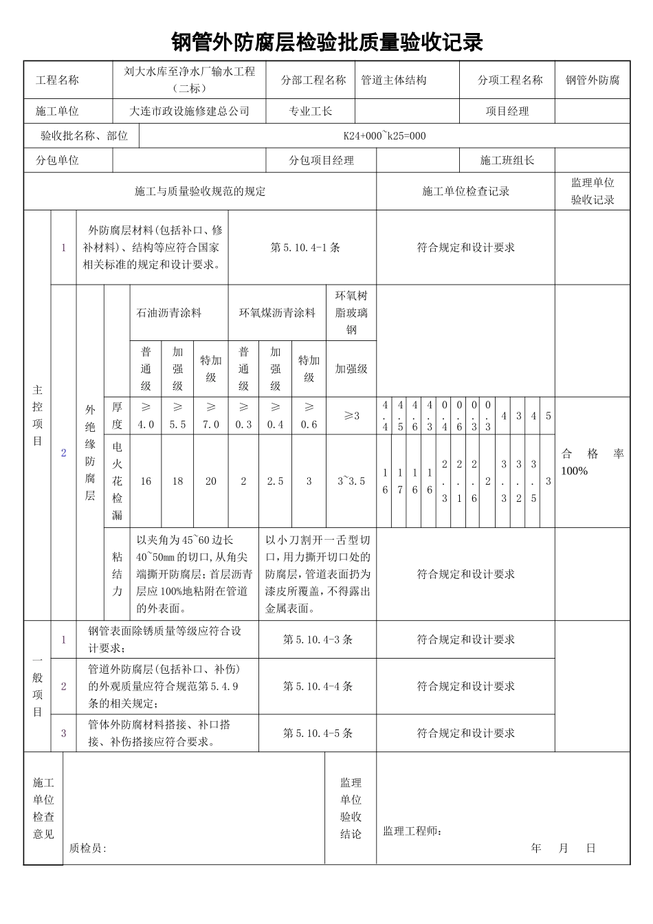 、钢管管道外防腐层施工检验批质量验收记录表_第1页