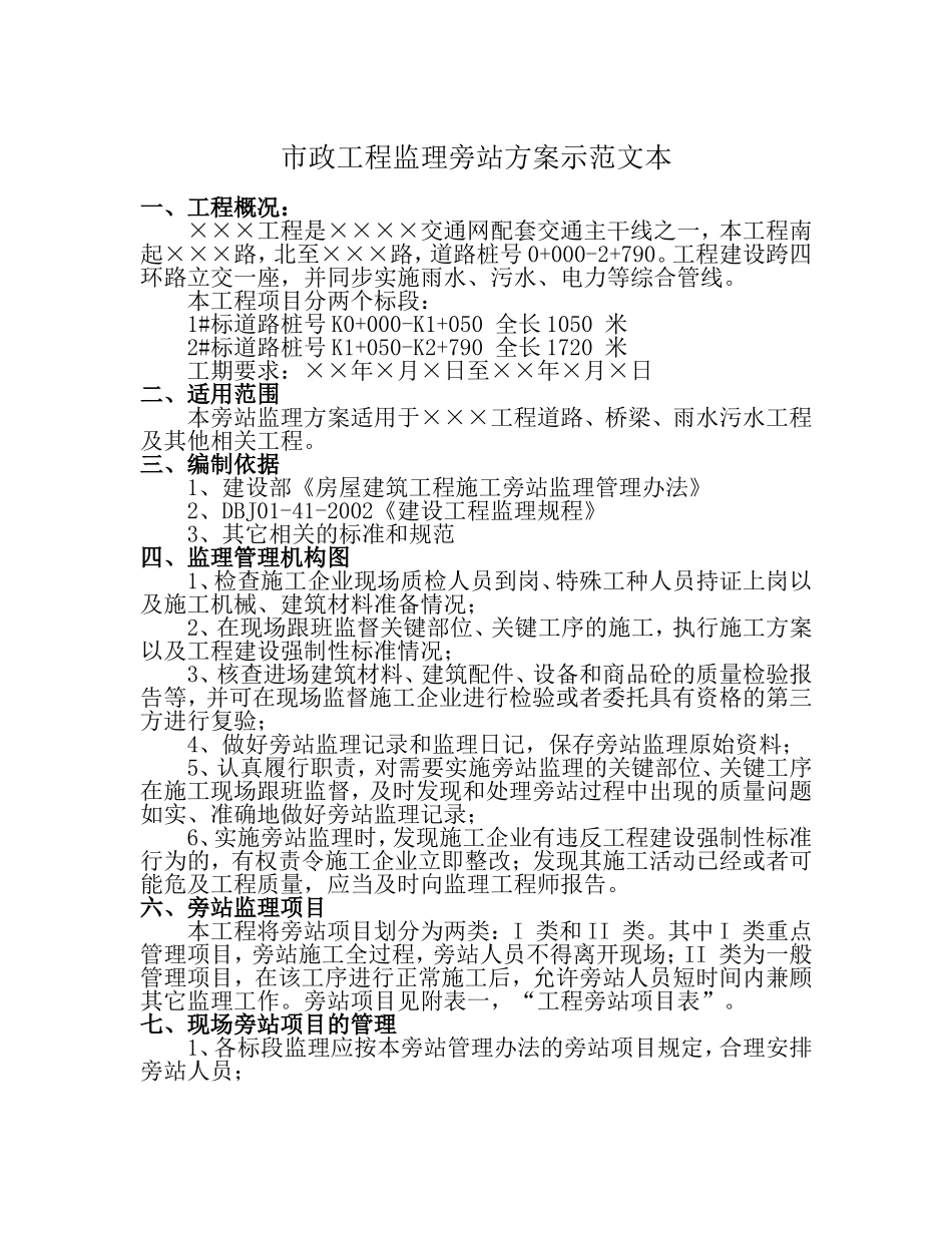 市政工程监理旁站方案示范文本_第1页