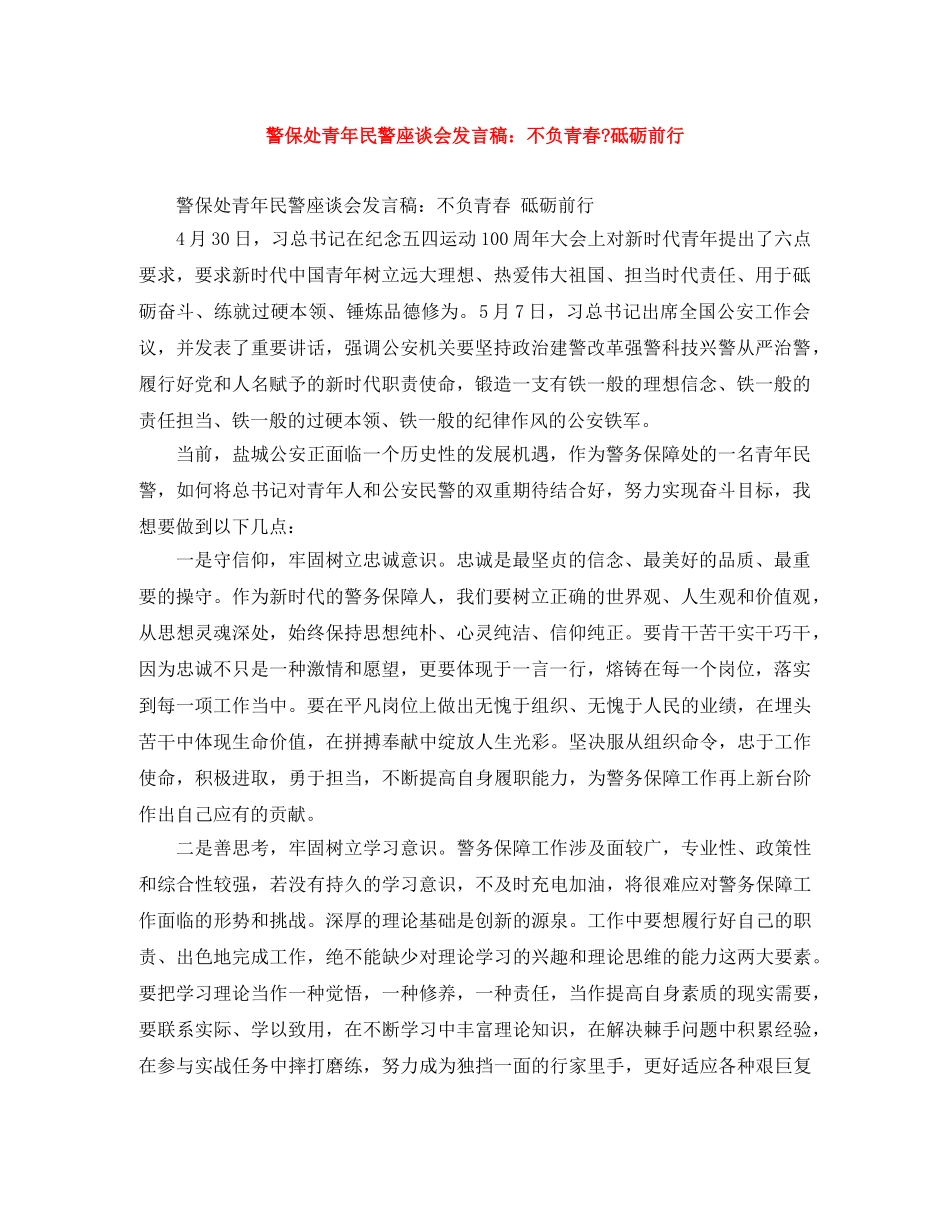 警保处青年民警座谈会发言稿不负青春-砥砺前行 _第1页