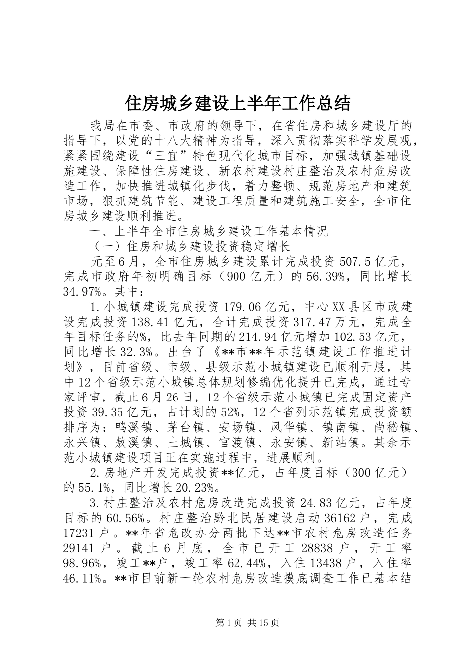住房城乡建设上半年工作总结_第1页