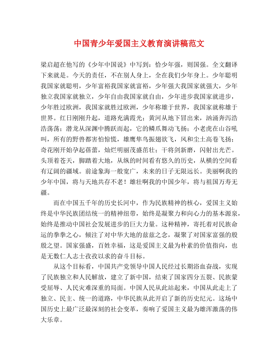 中国青少年爱国主义教育演讲稿范文 _第1页