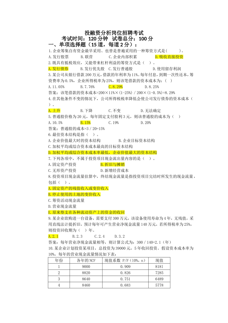 投融资岗位招聘考试试题_第1页