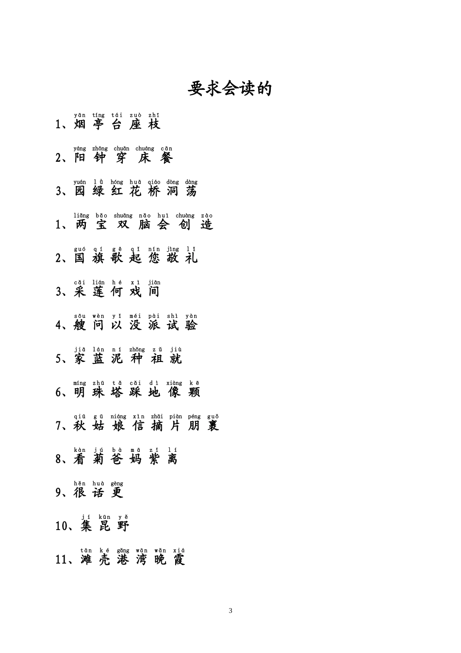 苏教版小学一年级语文上、下册生字表(一、二类字带拼音)_第3页