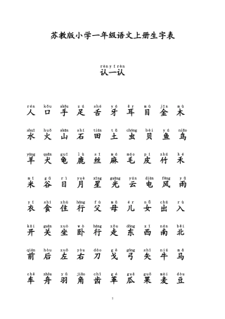 苏教版小学一年级语文上、下册生字表(一、二类字带拼音)