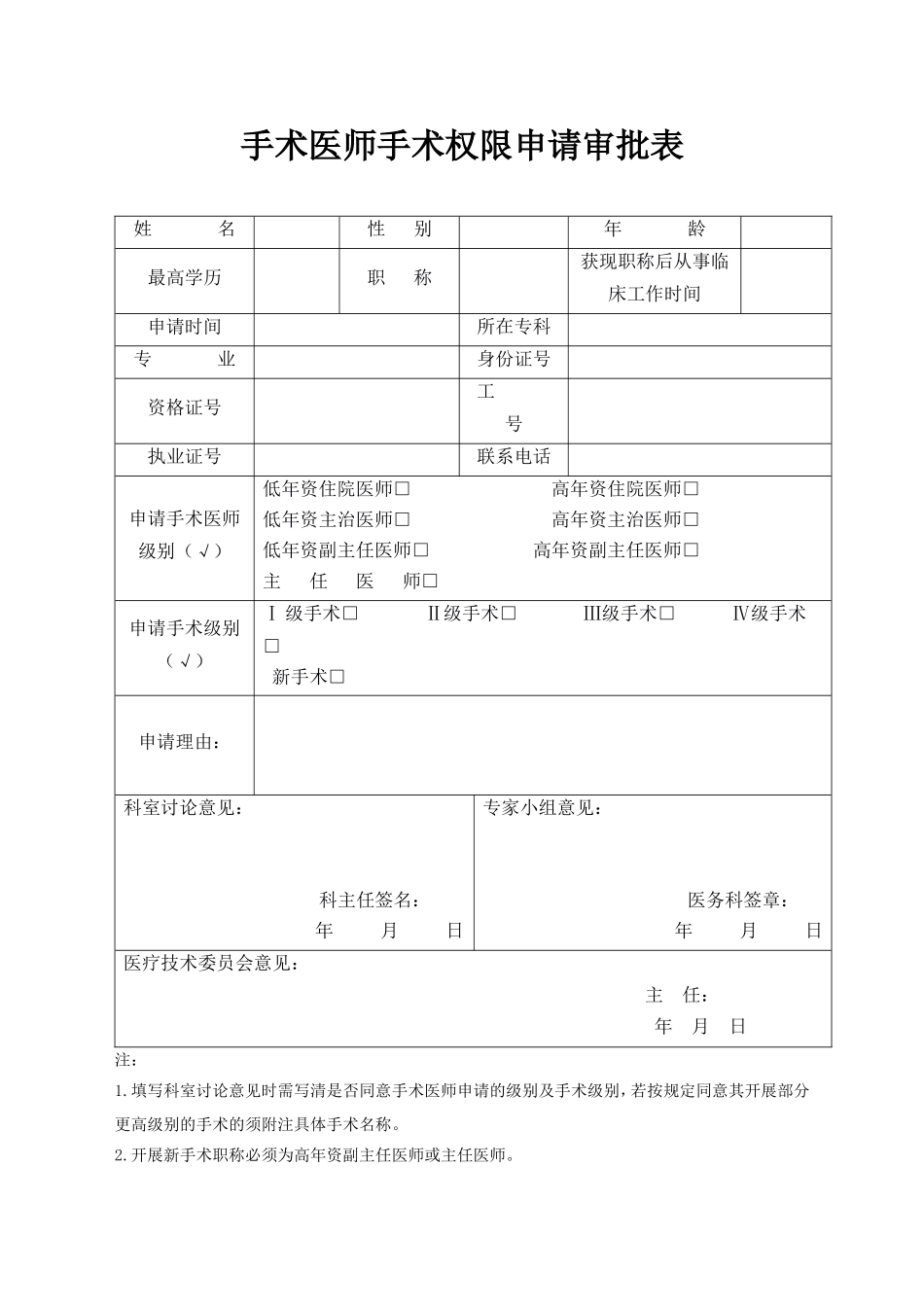 手术权限申请审批表及手术资质授权书_第1页