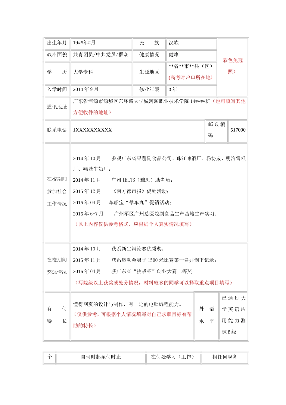 《广东省普通高等学校毕业生就业推荐表》填写范例_第2页