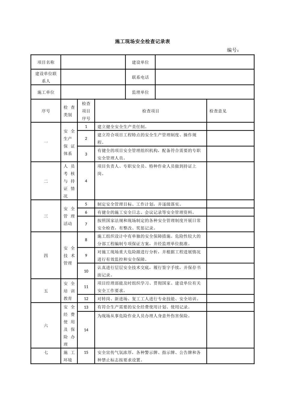 施工安全检查记录表_第1页