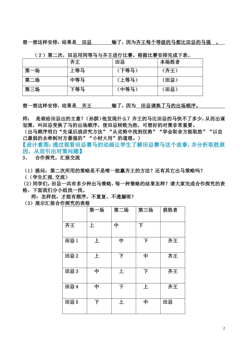 四年级上册数学广角-“田忌赛马”中的数学问题教学设计_第2页