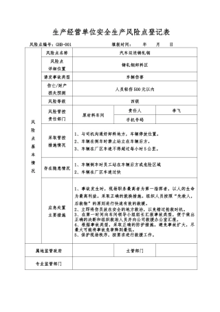 生产经营单位安全生产风险点登记表