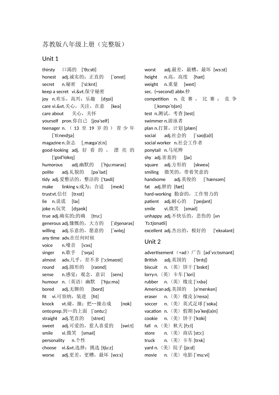 苏教版八年级上册英语词汇表(完整版)_第1页