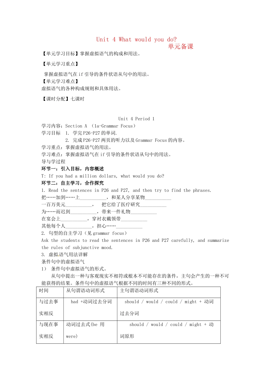 河北省石家庄市42中九年级英语《Unit 4 What would you do》教案 人教新课标版_第1页