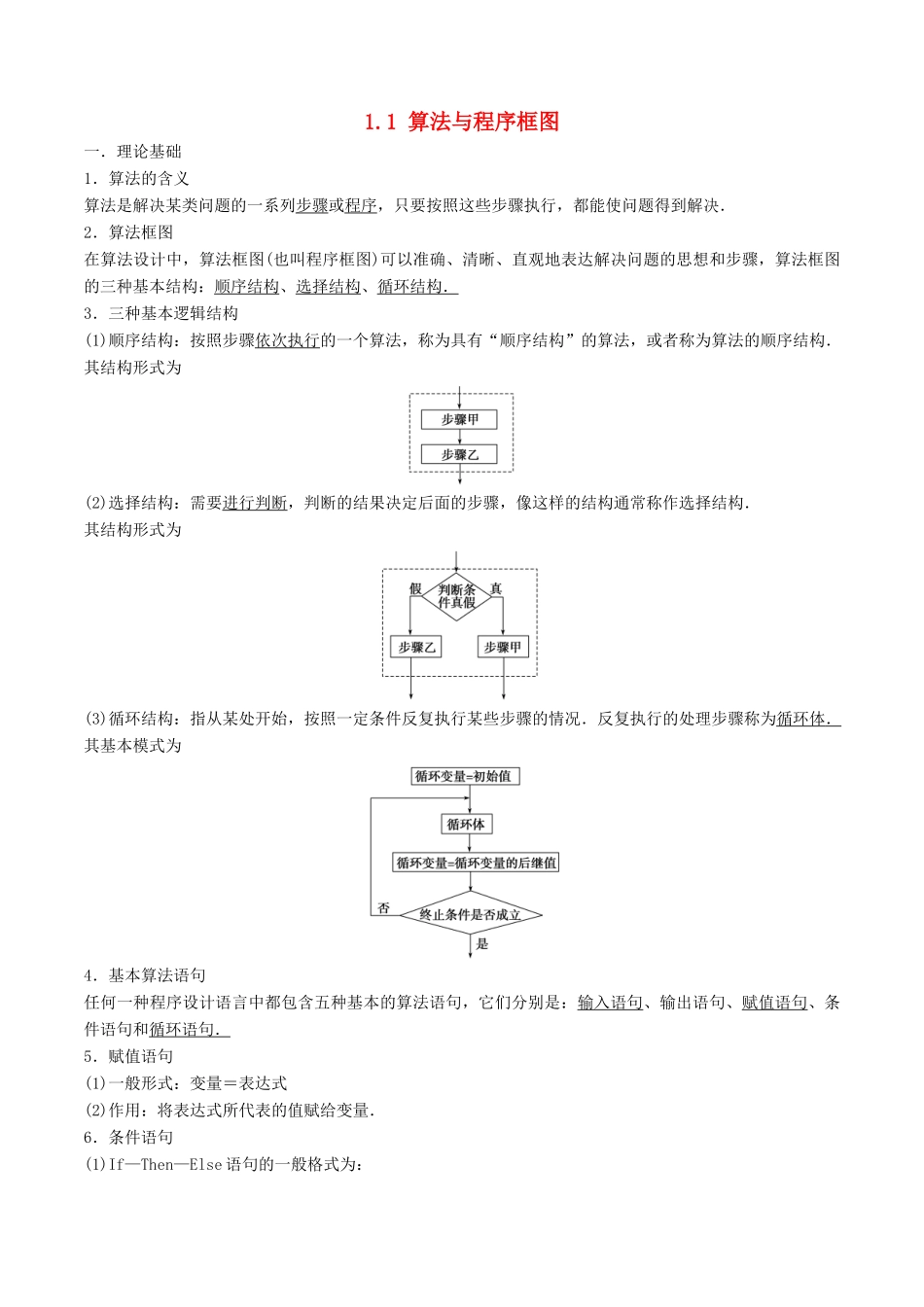 高中数学 第一章 算法初步 1.1 算法与程序框图专项讲解与训练（含解析）新人教A版必修3-新人教A版高一必修3数学试题_第1页