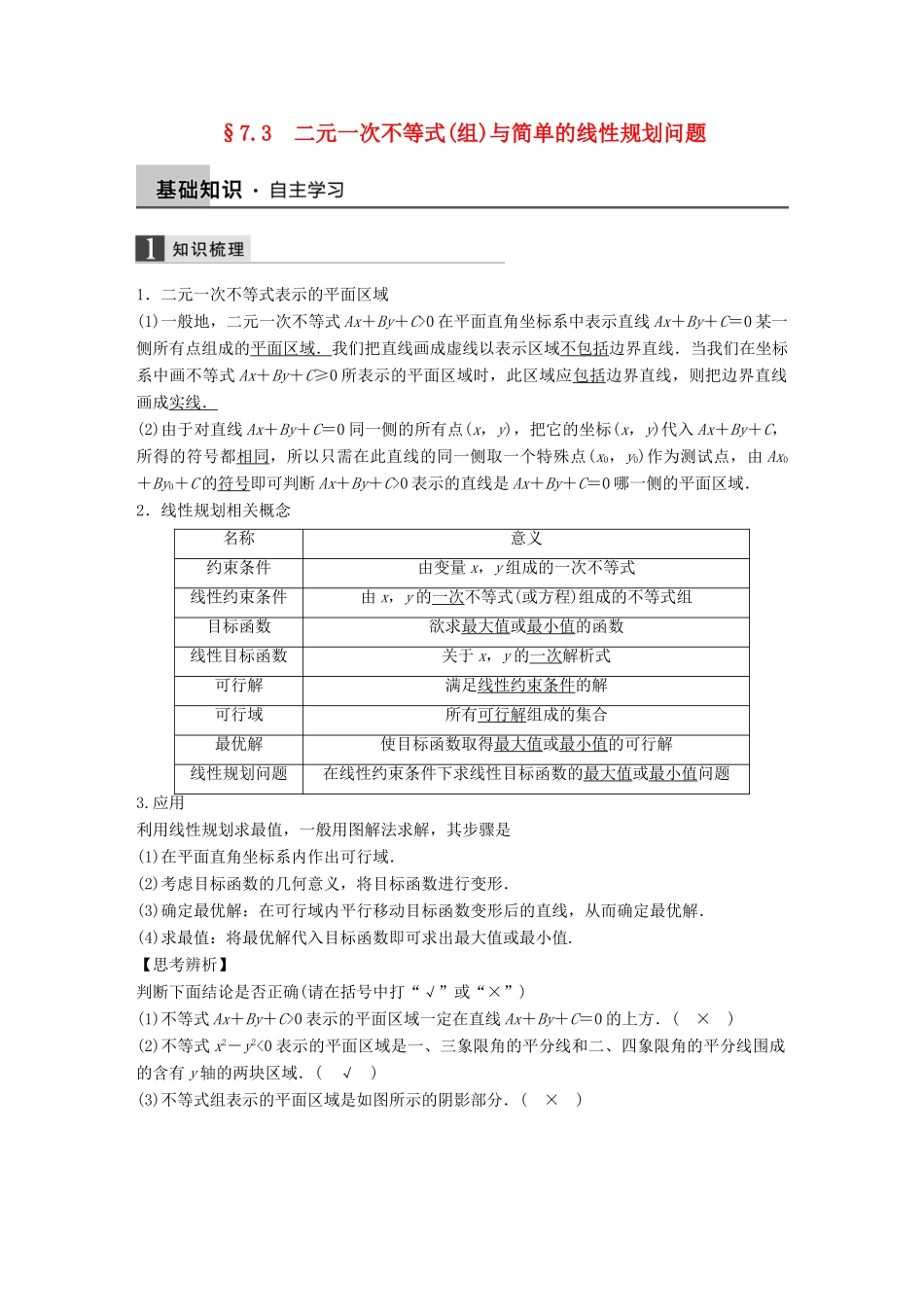 高考数学大一轮复习 7.3二元一次不等式（组）与简单的线性规划问题教师用书 理 苏教版-苏教版高三全册数学试题_第1页