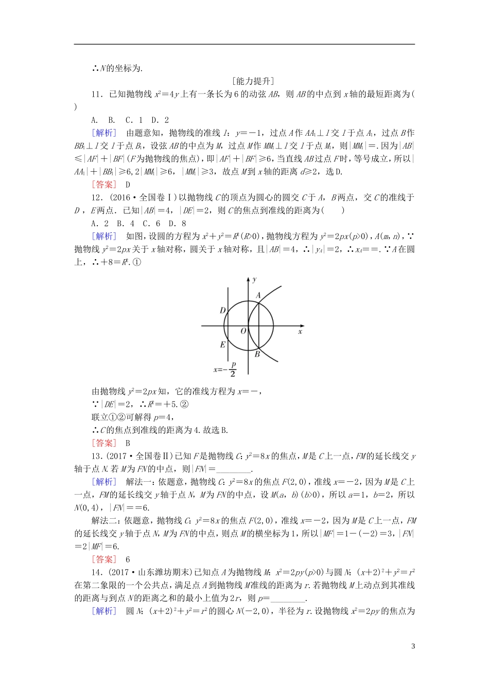 高考数学一轮复习 第九章 平面解析几何 课时跟踪训练52 抛物线 文-人教版高三全册数学试题_第3页