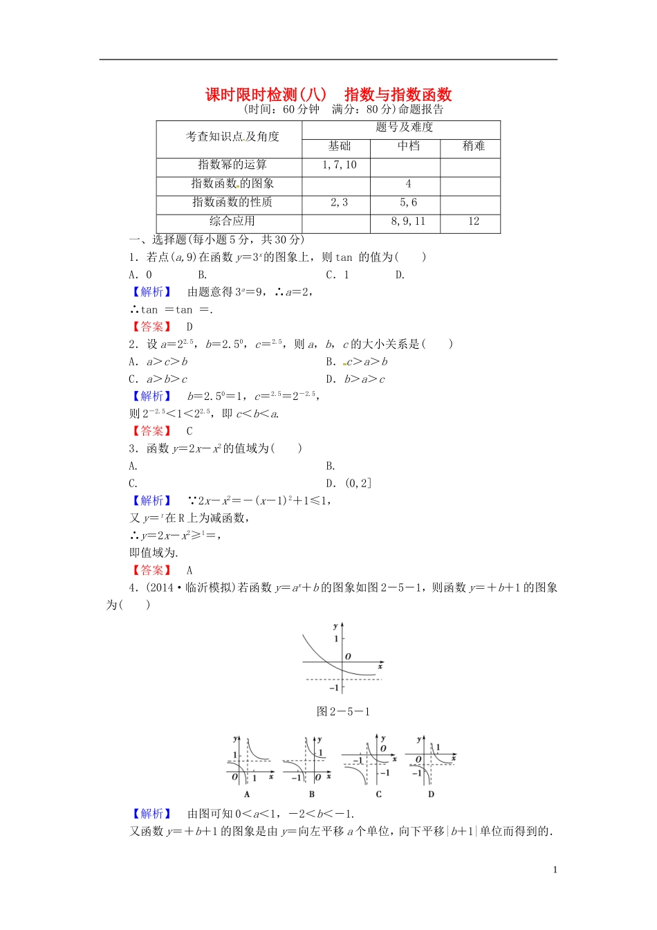 山东省济宁市高考数学一轮复习 8指数与指数函数限时检测 新人教A版-新人教A版高三全册数学试题_第1页