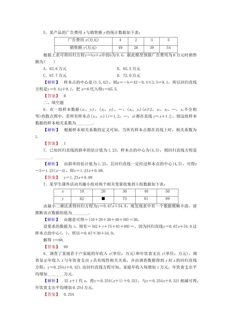 高中数学 第一章 统计案例 学业分层测评1 回归分析的基本思想及其初步应用 新人教A版选修1-2-新人教A版高一选修1-2数学试题_第2页