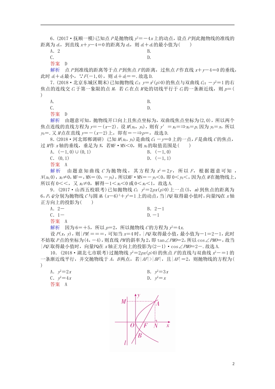 高考数学一轮复习 第8章 平面解析几何 8.7 抛物线课后作业 文-人教版高三全册数学试题_第2页