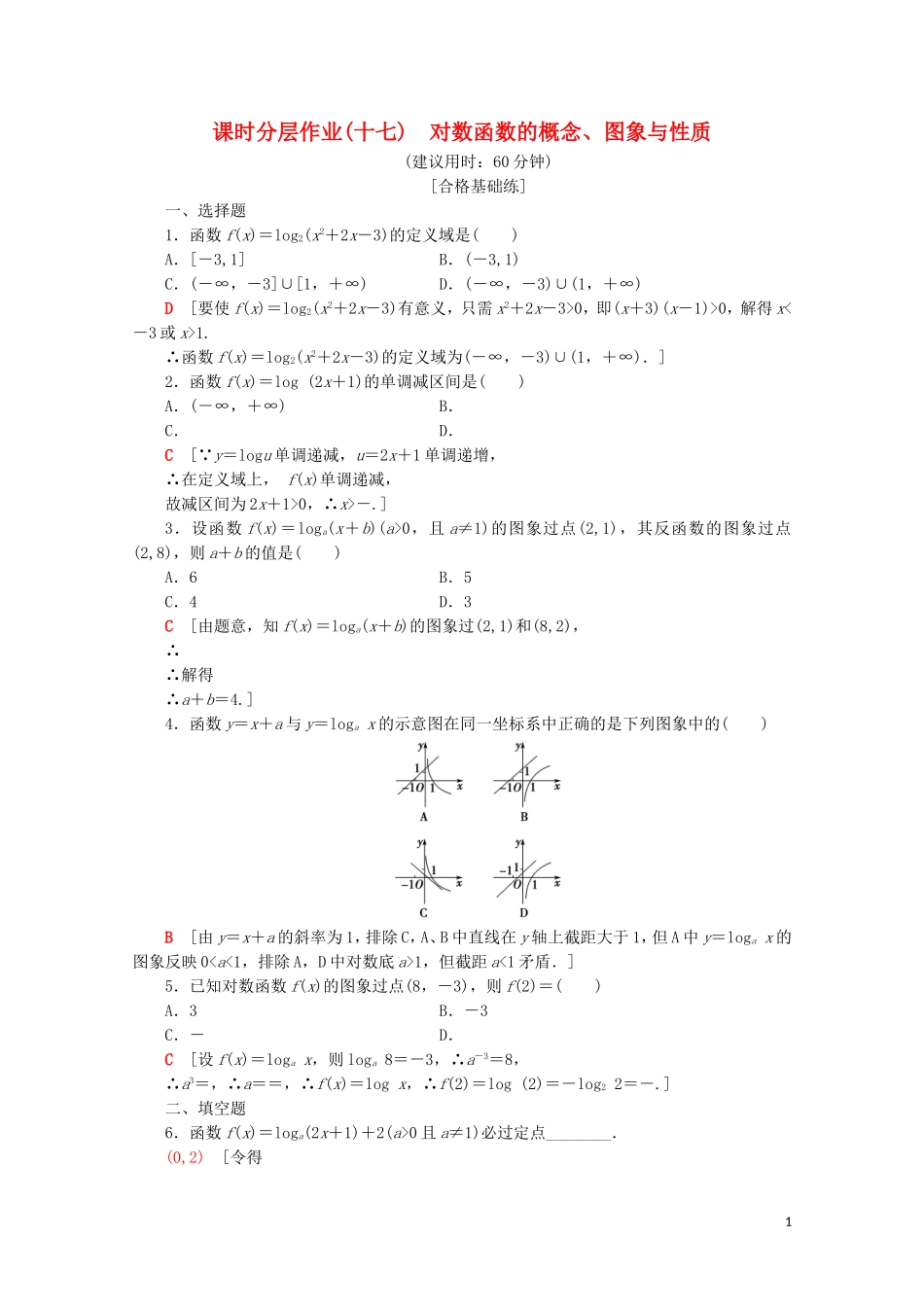 高中数学 课时分层作业17 对数函数的概念、图象与性质（含解析）苏教版必修1-苏教版高一必修1数学试题_第1页