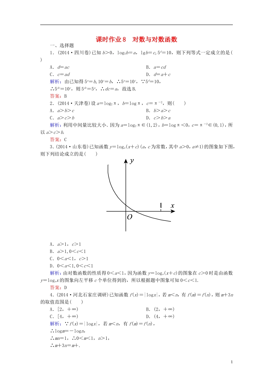 雄关漫道系列高考数学一轮总复习 1.8对数与对数函数课时作业 文（含解析）新人教版-新人教版高三全册数学试题_第1页
