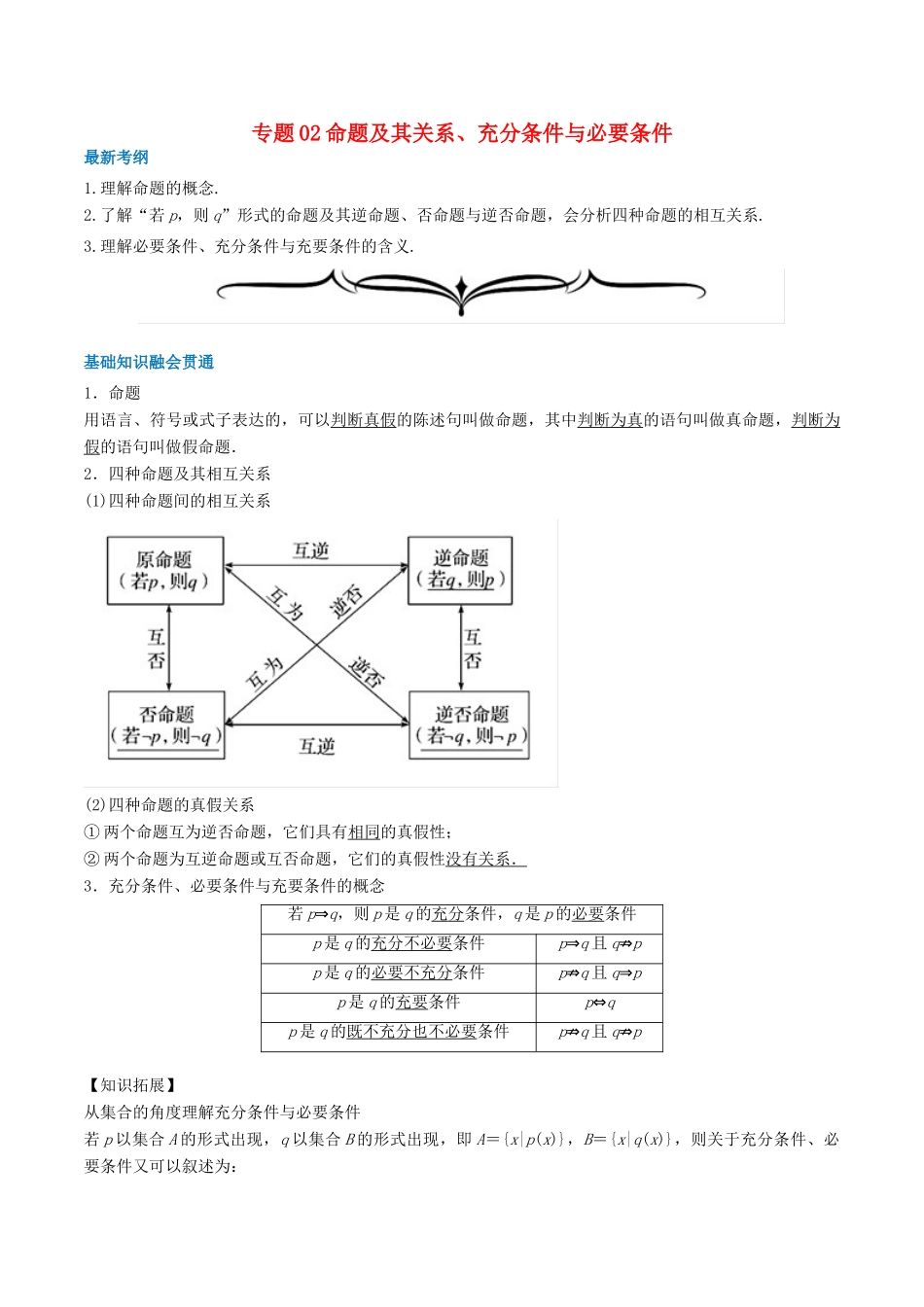 高考数学一轮复习 专题02 命题及其关系、充分条件与必要条件（含解析）-人教版高三全册数学试题_第1页