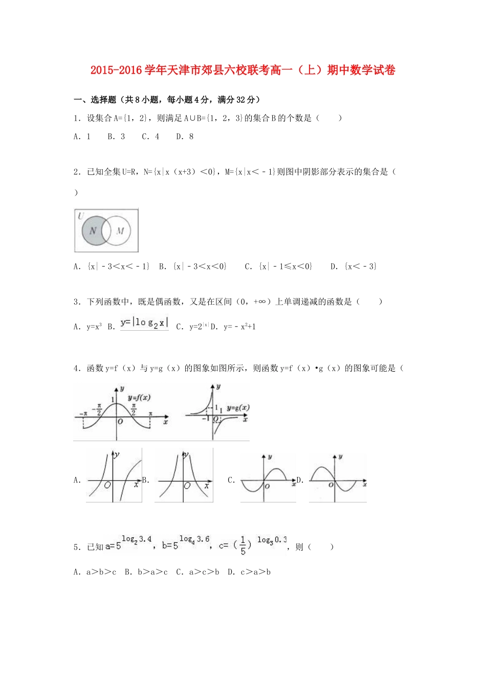 天津市郊县六校联考高一数学上学期期中试卷（含解析）-人教版高一全册数学试题_第1页