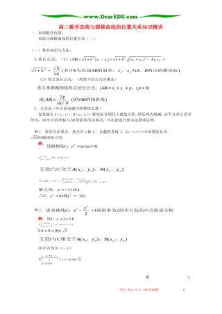 高二数学直线与圆锥曲线的位置关系知识精讲 人教版