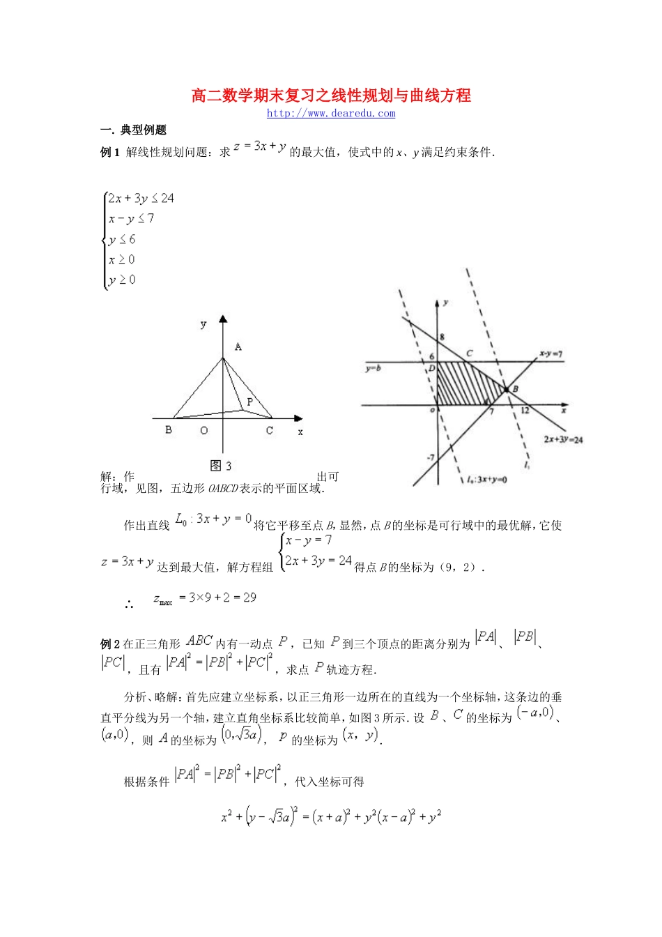 高二数学期末复习之线性规划与曲线方程 新课标 人教版_第1页