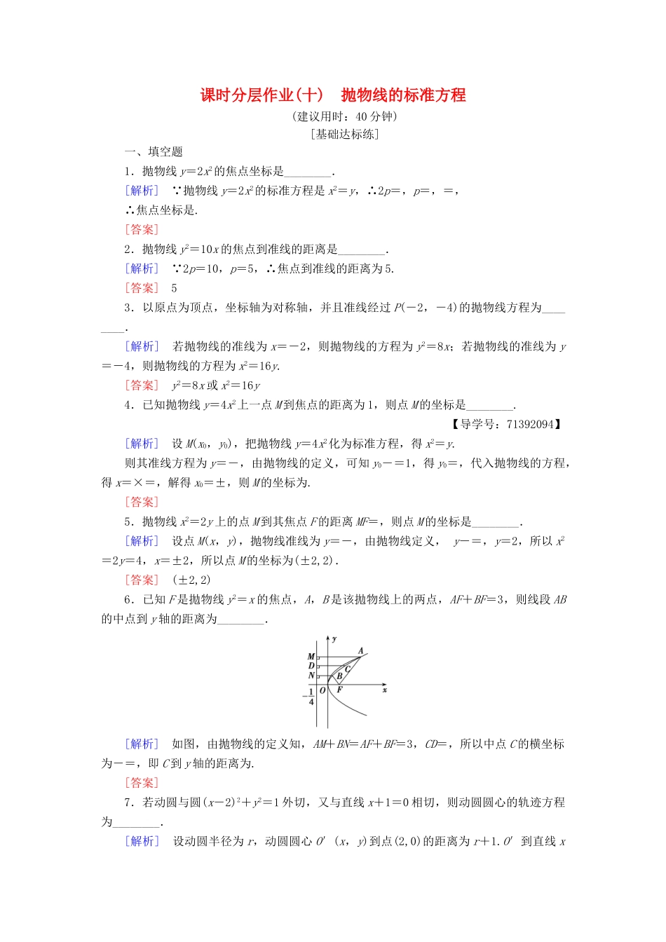 高中数学 课时分层作业10 抛物线的标准方程 苏教版必修4-苏教版高一必修4数学试题_第1页