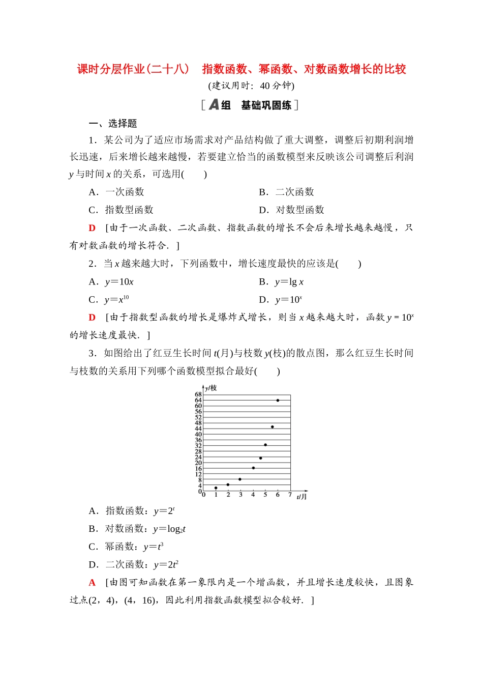 高中数学 课时分层作业28 指数函数、幂函数、对数函数增长的比较（含解析）北师大版必修第一册-北师大版高一第一册数学试题_第1页