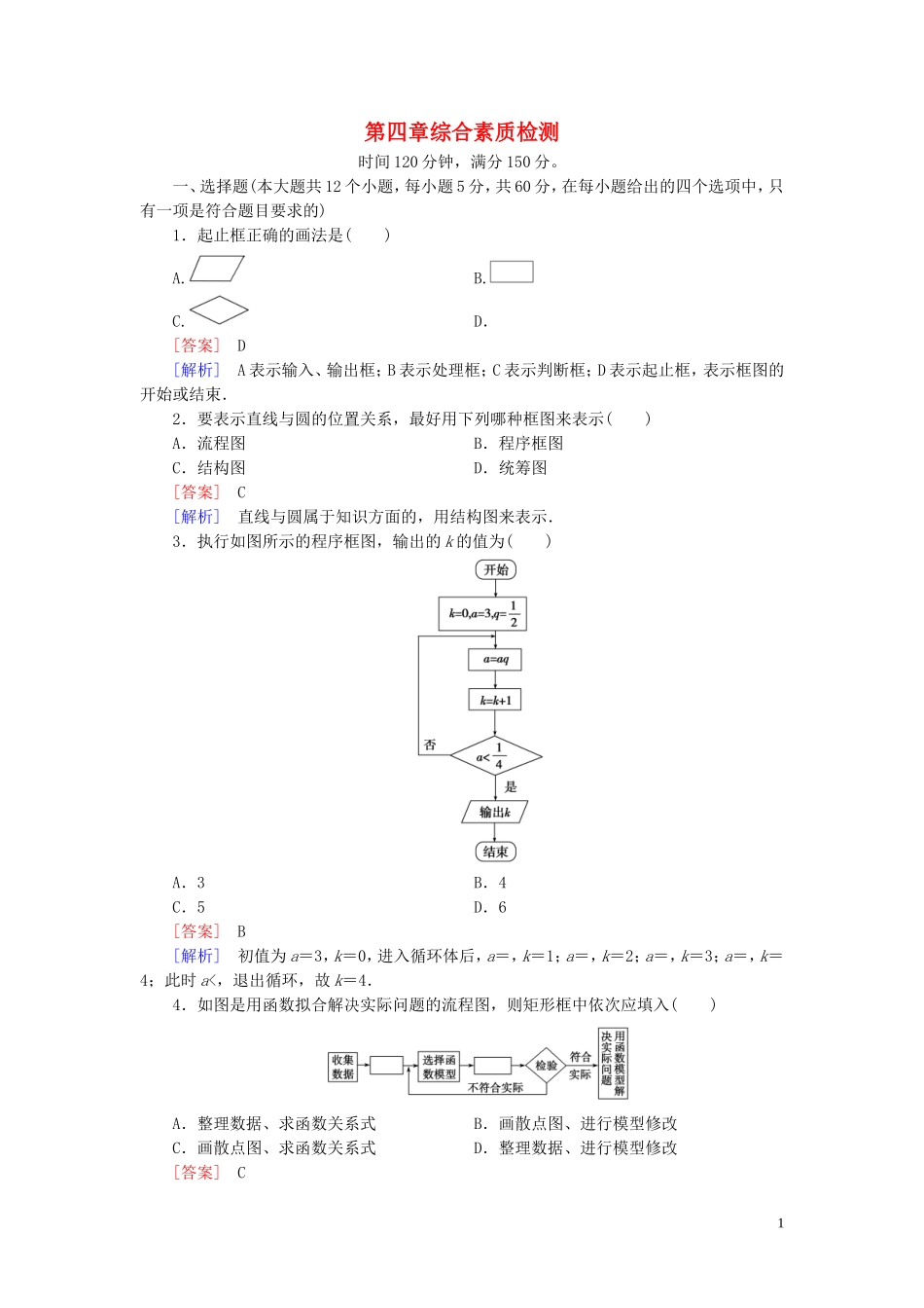 高中数学 第4章 框图综合素质检测习题（含解析）新人教A版选修1-2-新人教A版高二选修1-2数学试题_第1页