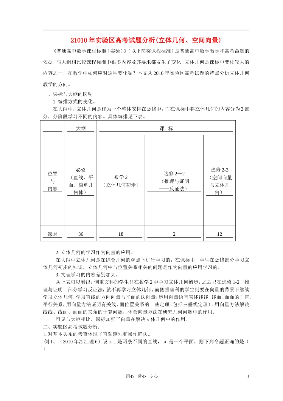 高考数学 立体几何、空间向量试题分析 新人教版_第1页