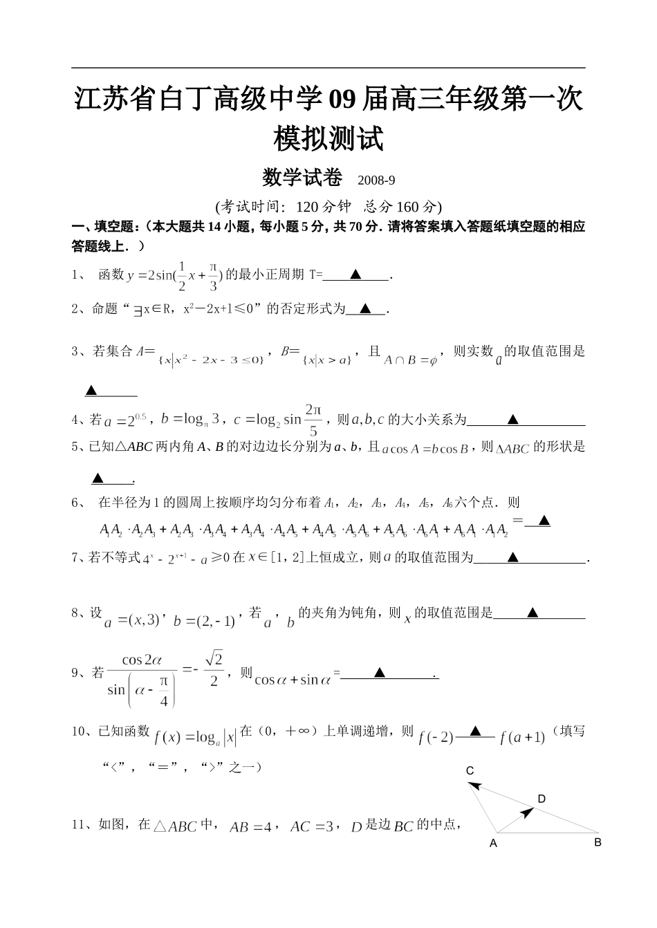 江苏省白丁高级中学09届高三数学第一次模拟测试_第1页