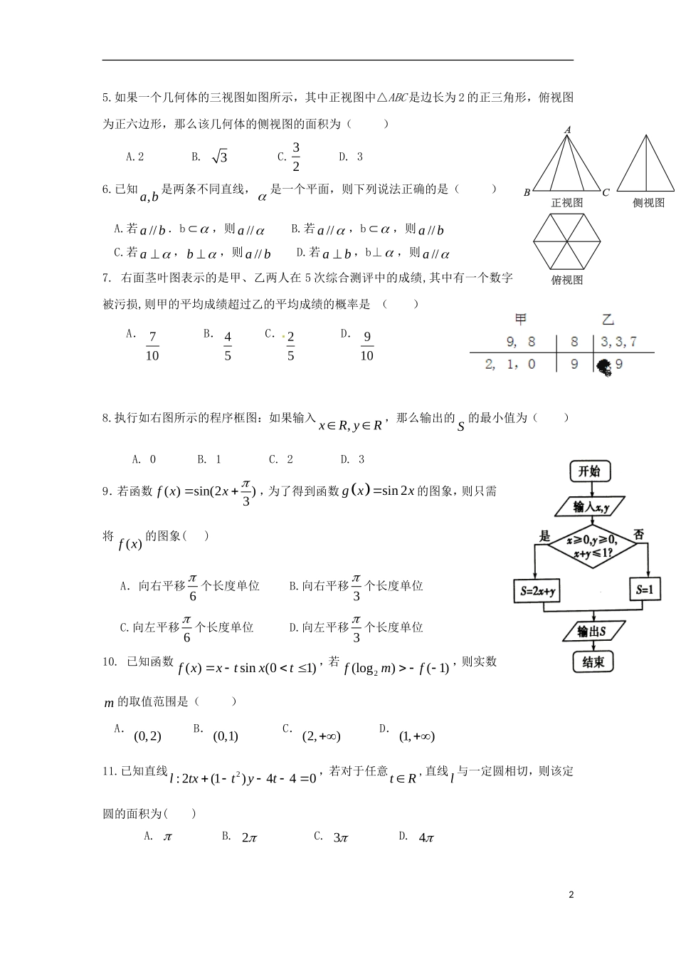 鼓山分校高二数学上学期期中试题 文-人教版高二全册数学试题_第2页
