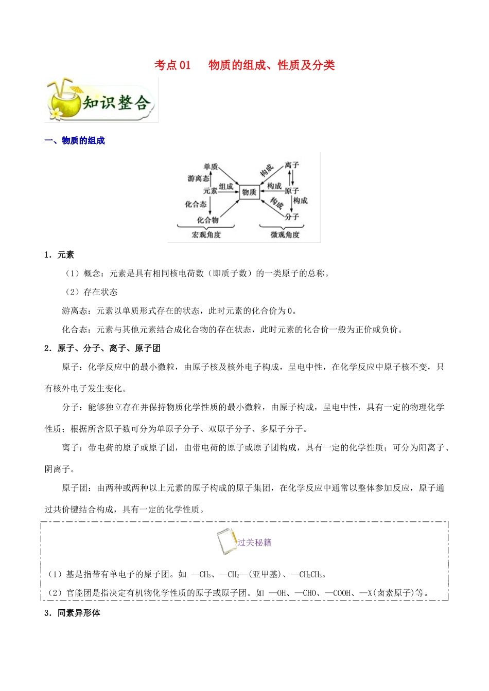 备战高考化学 考点一遍过01 物质的组成、性质及分类（含解析）-人教版高三全册化学试题_第1页